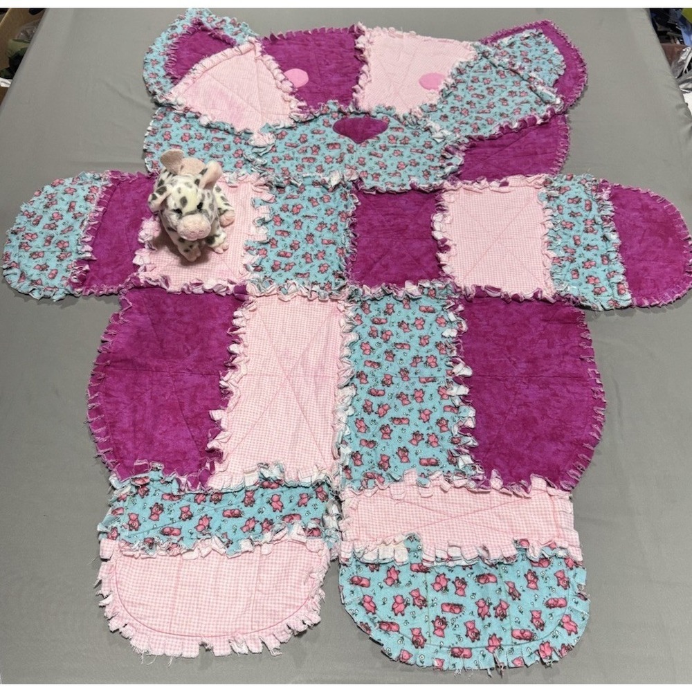 Handmade Pig Baby Blanket Lot w Douglas Pig Plush Pink Teal Rag Quilt